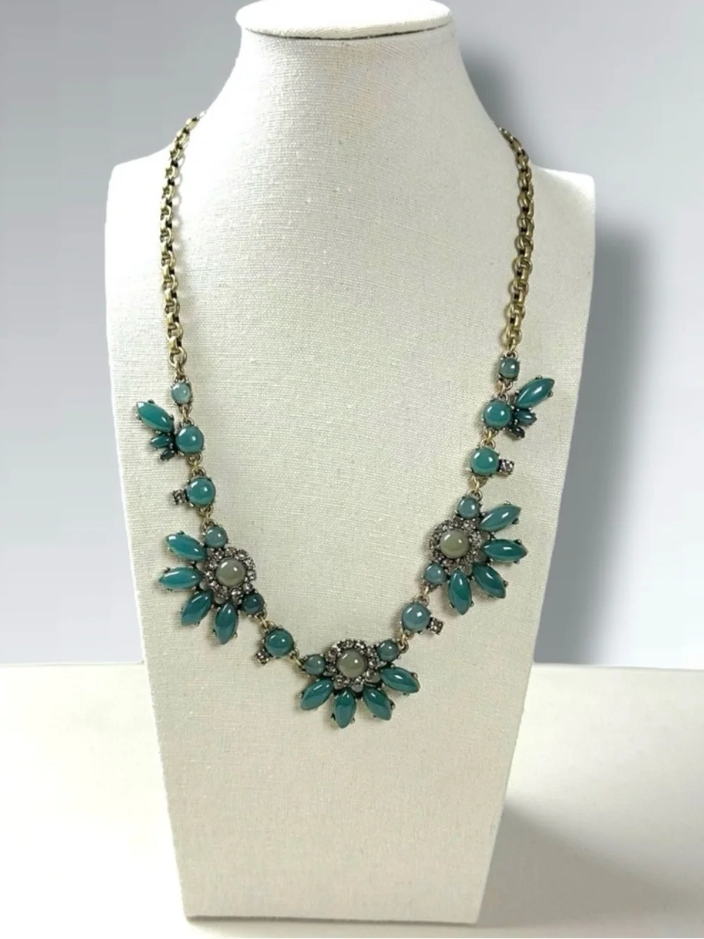 Vintage J.Crew Statement Necklace Gray Blue Gold Rhinestone Signed Retro 50s 60s